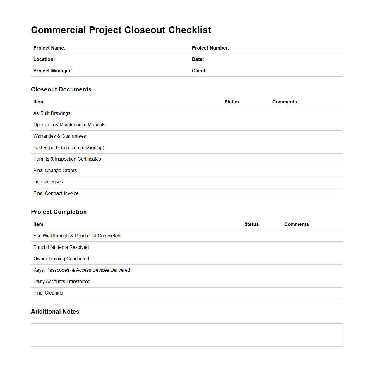Commercial Project Closeout Checklist