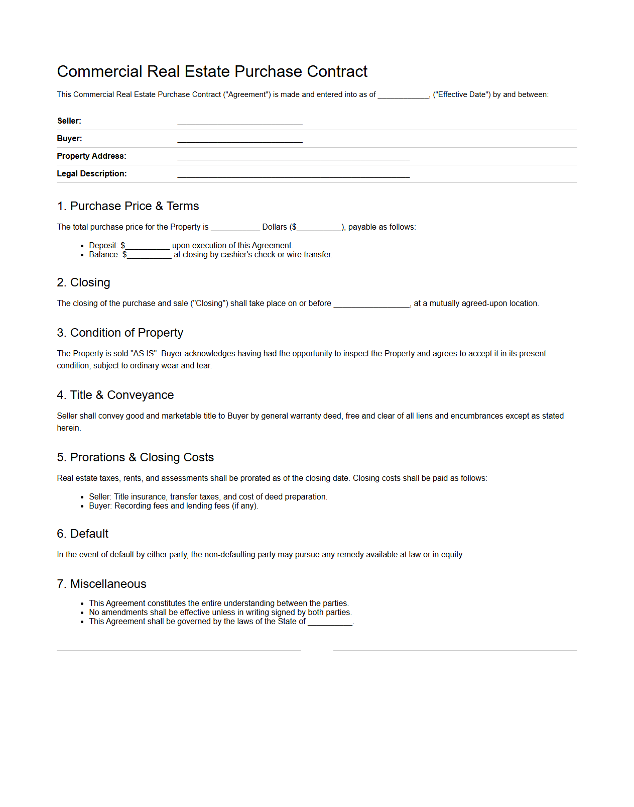 Commercial Real Estate Purchase Contract Sample