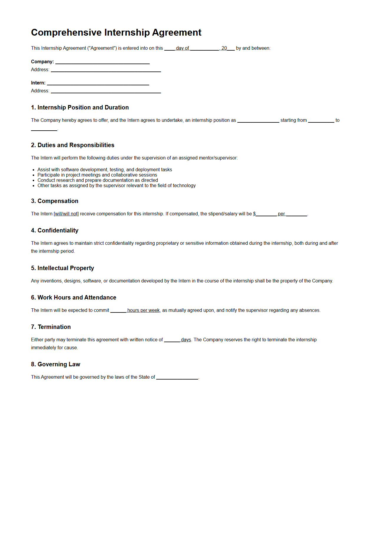 Comprehensive Internship Agreement for Technology Firms