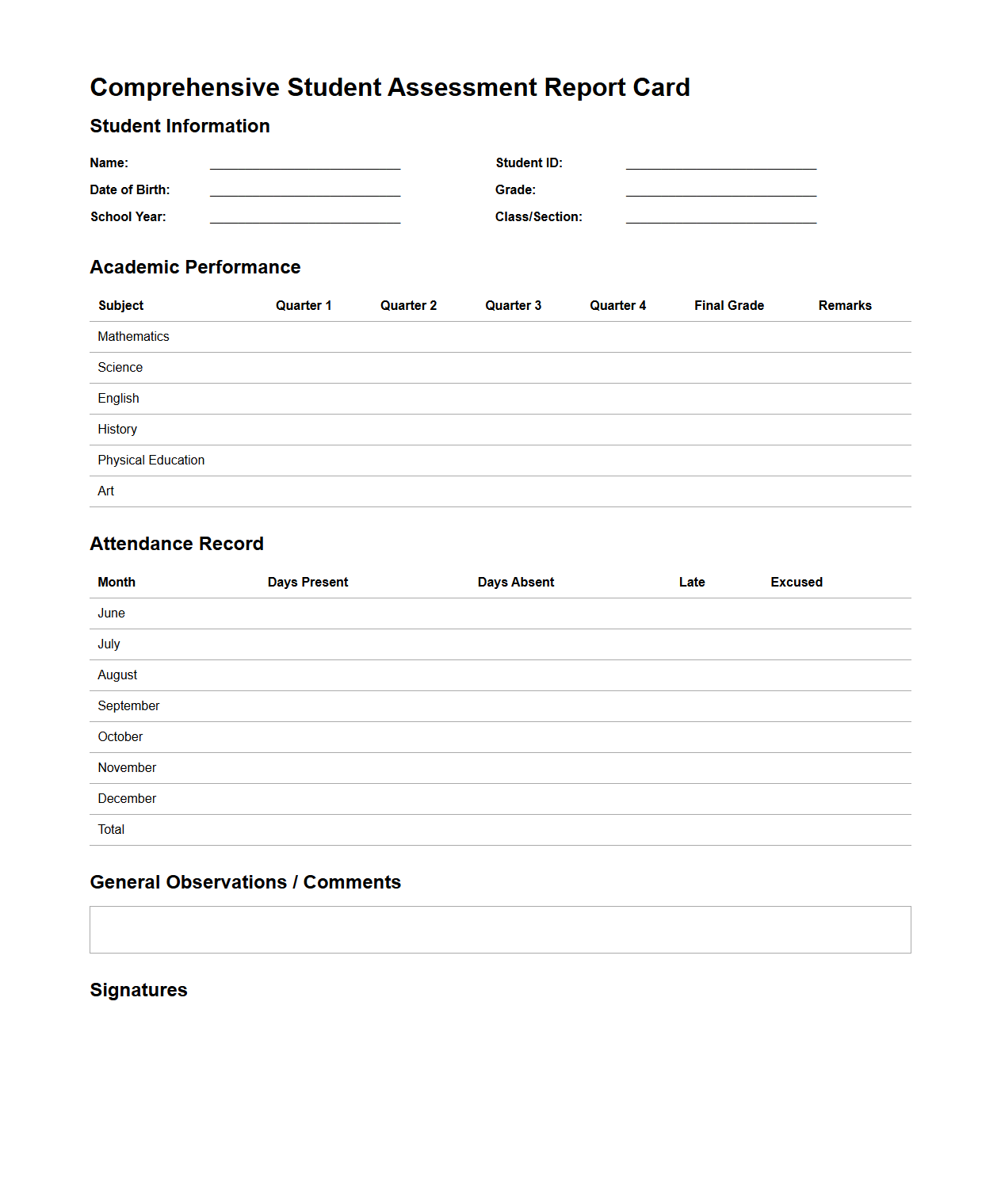 Comprehensive Student Assessment Report Card Sample