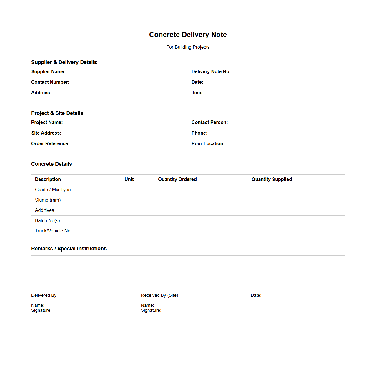 Concrete Delivery Note Template for Building Projects