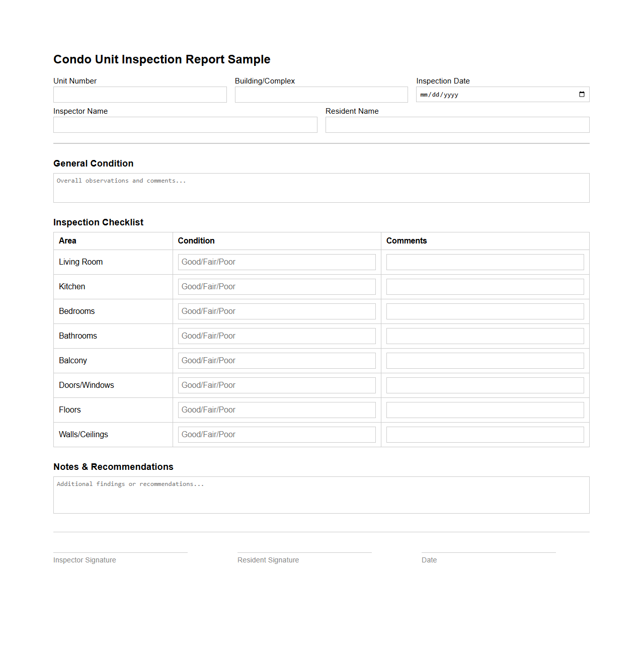 Condo Unit Inspection Report Sample