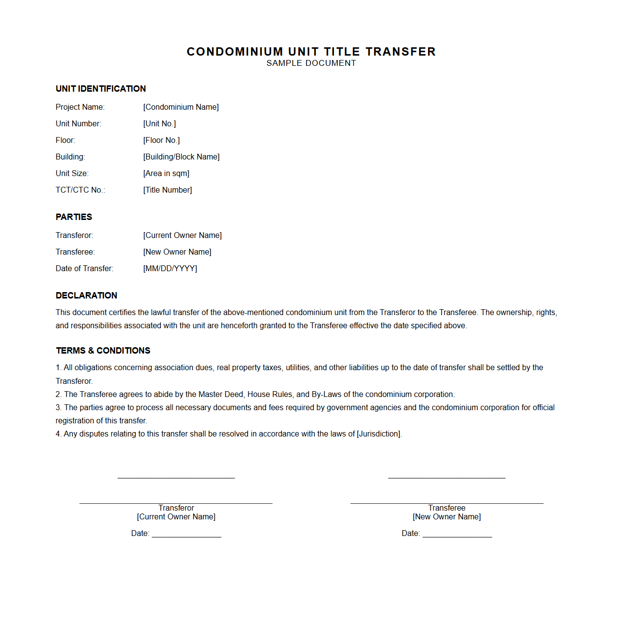 Condominium Unit Title Transfer Sample