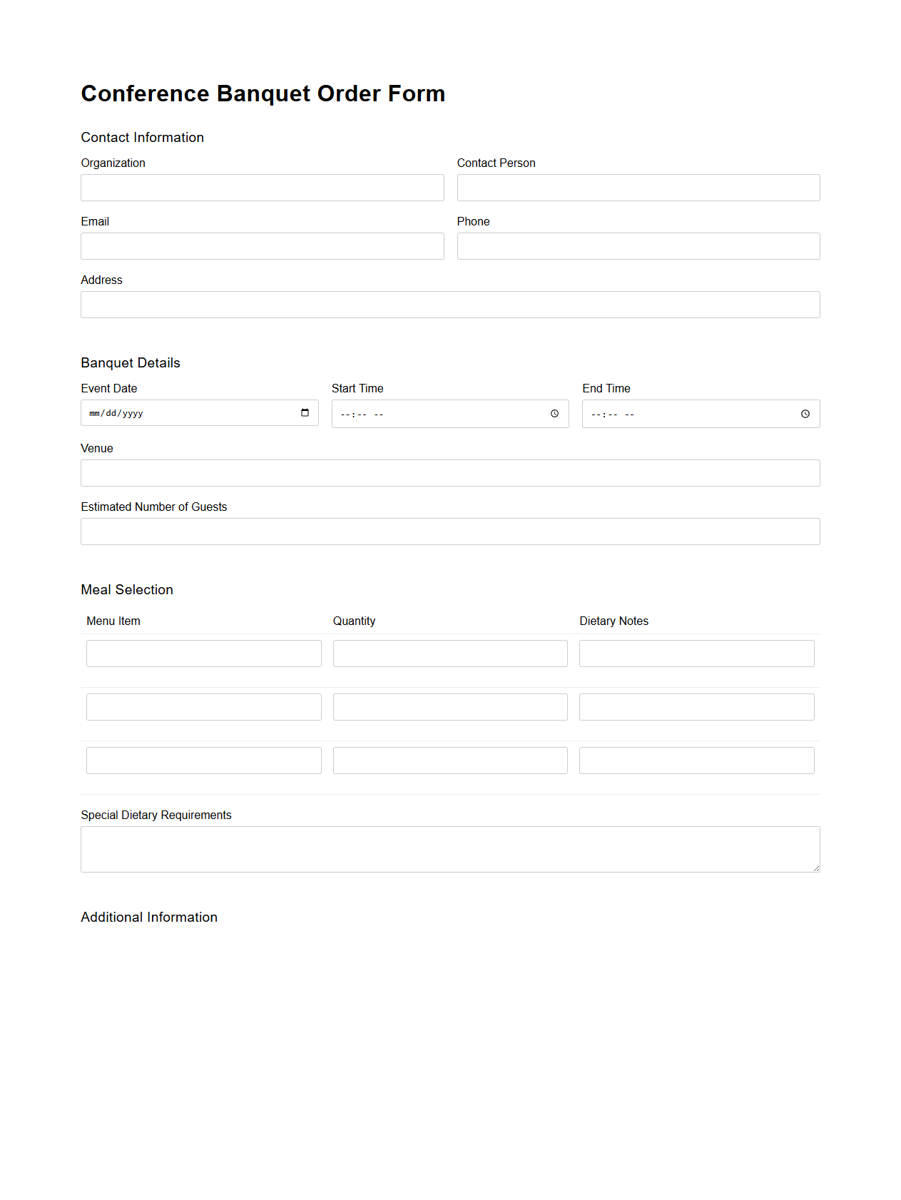 Conference Banquet Order Form Example