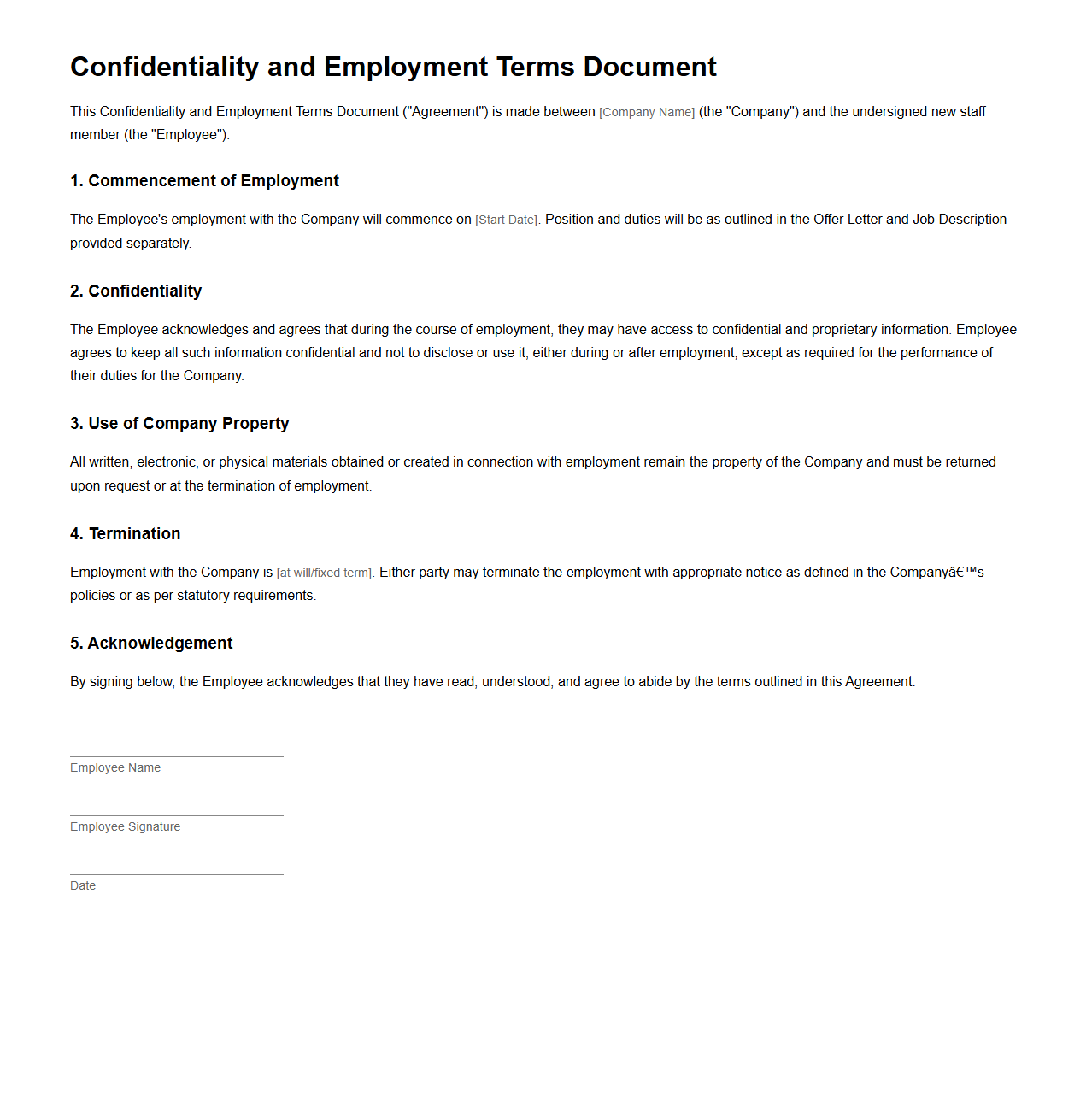 Confidentiality and Employment Terms Document for New Staff
