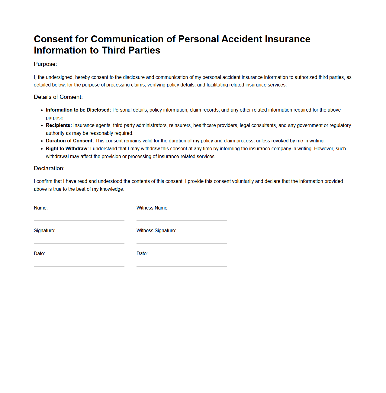 Consent for Communication of Personal Accident Insurance Information to Third Parties