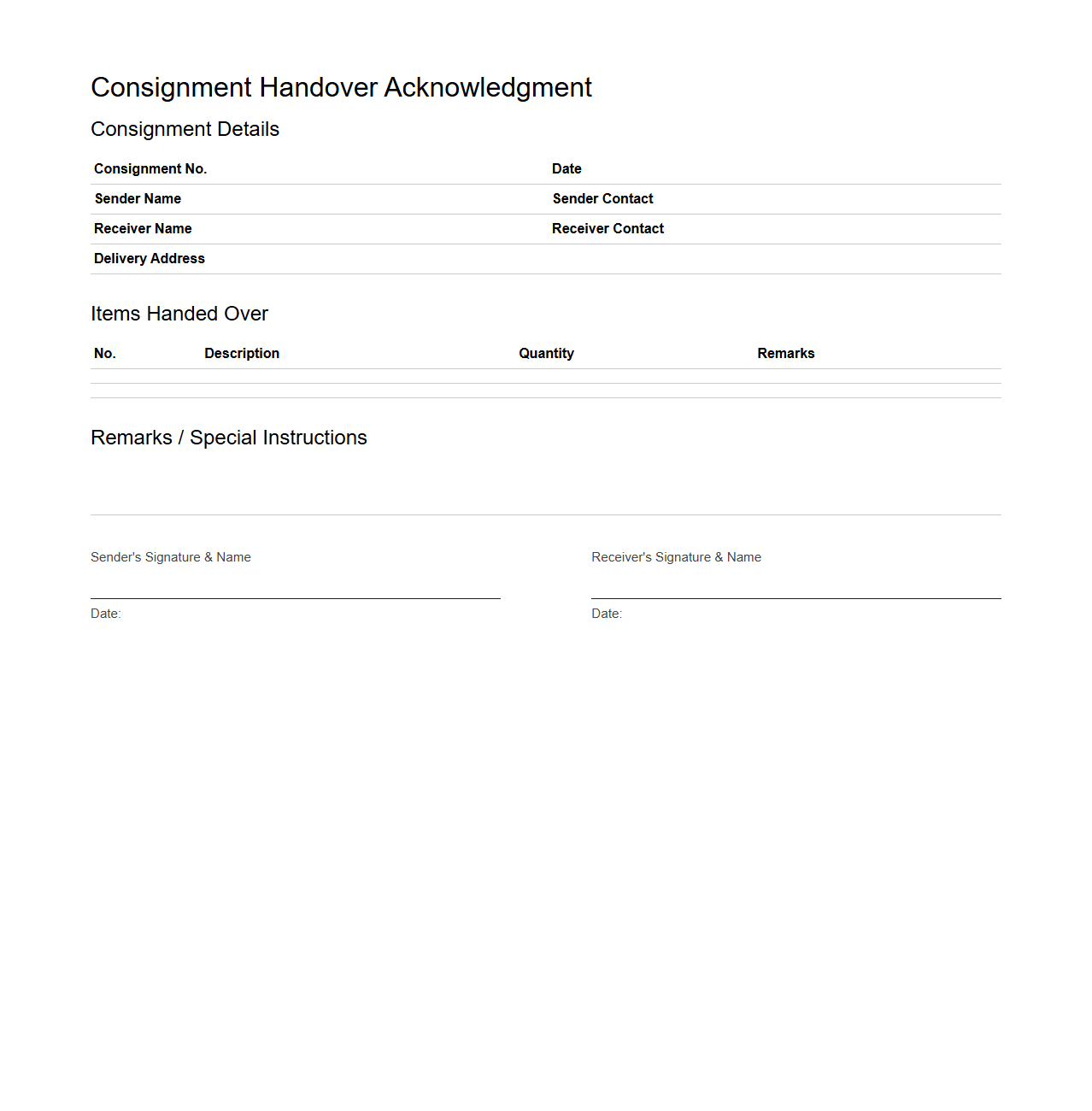Consignment Handover Acknowledgment Template