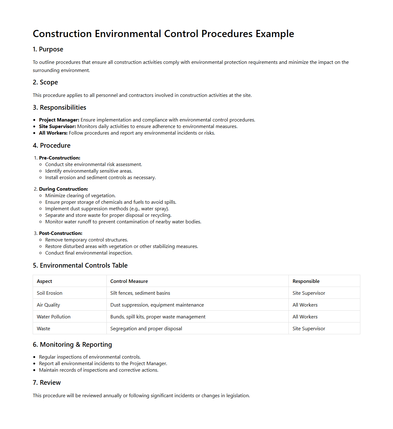 Construction Environmental Control Procedures Example