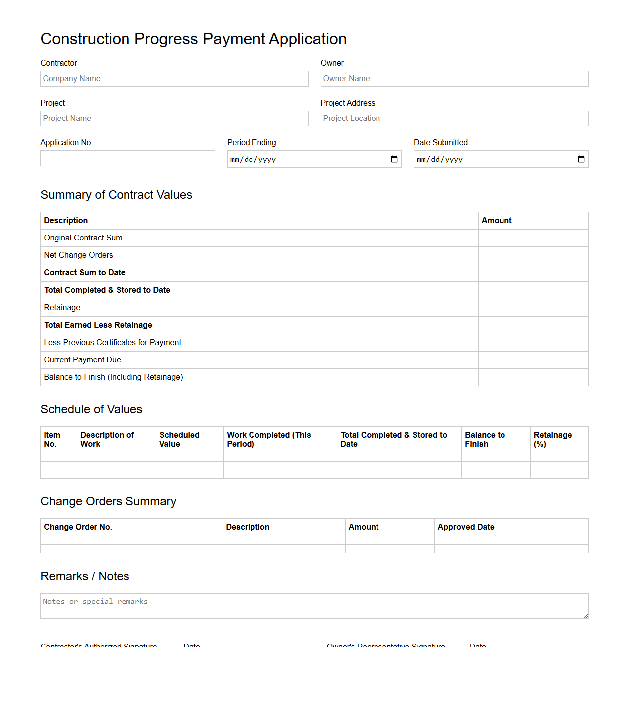 Construction Progress Payment Application Template