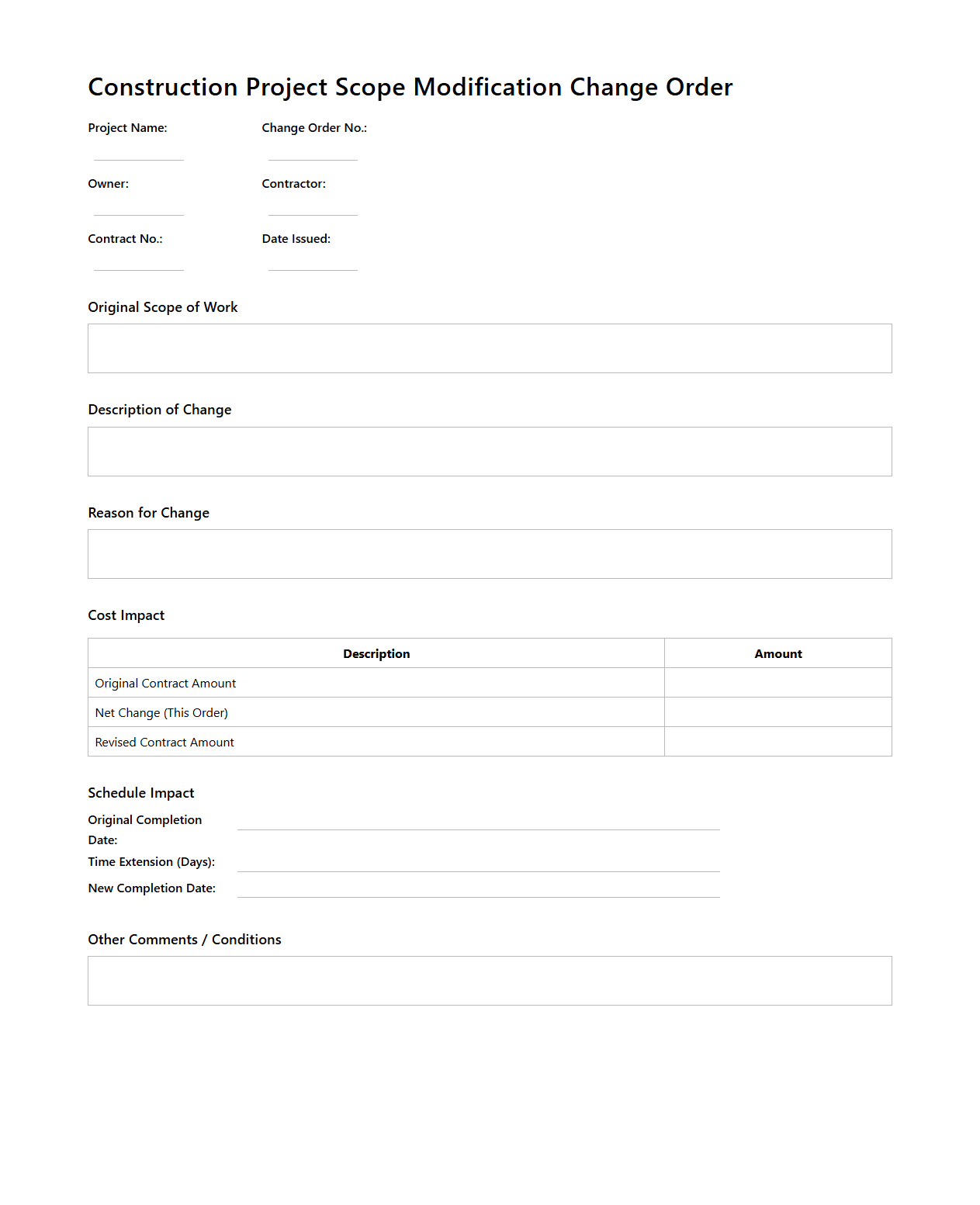 Construction Project Scope Modification Change Order Template