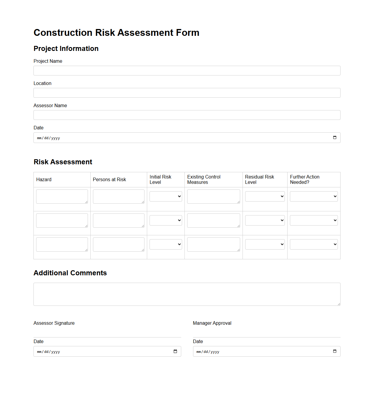 Construction Risk Assessment Form Example