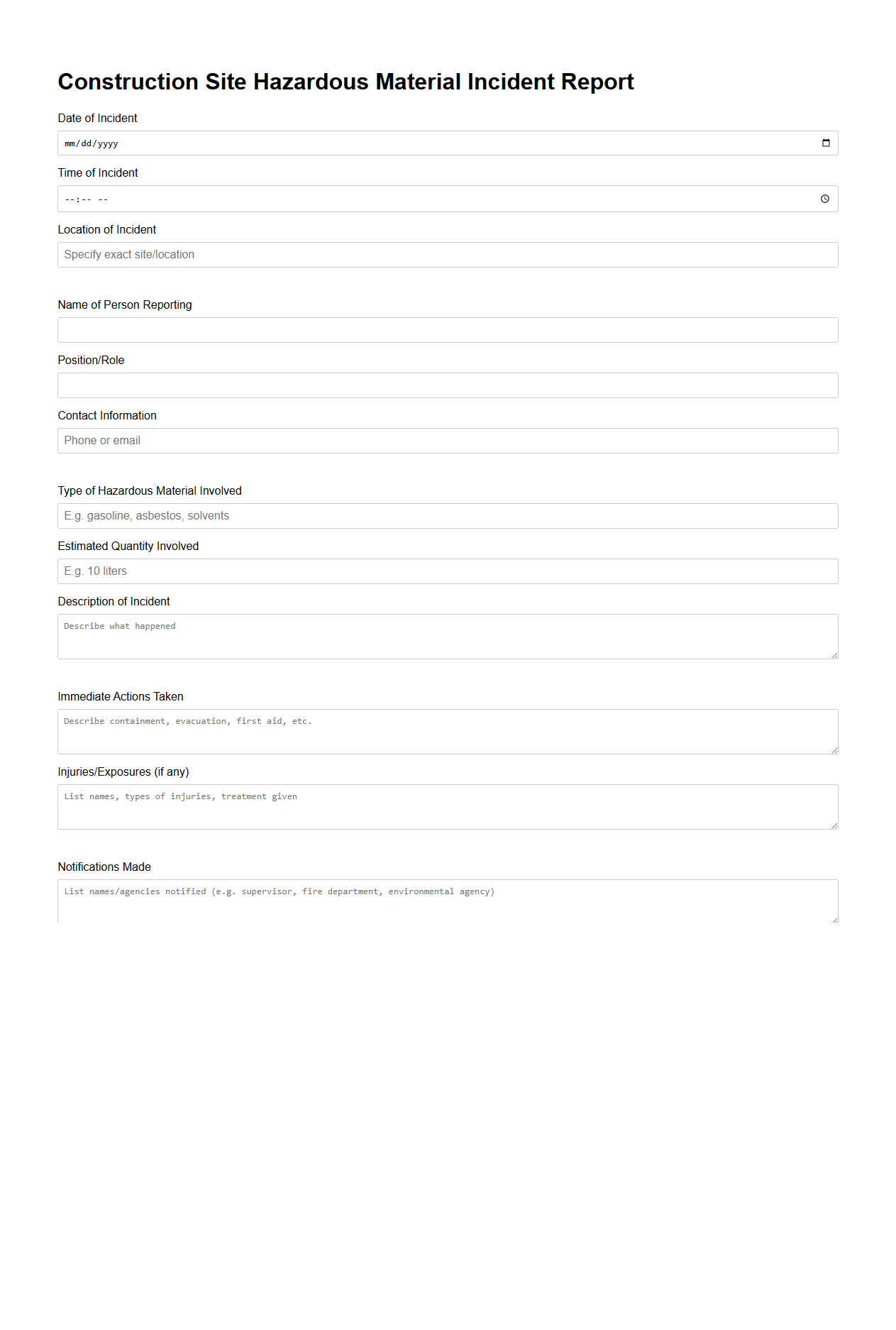 Construction Site Hazardous Material Incident Report