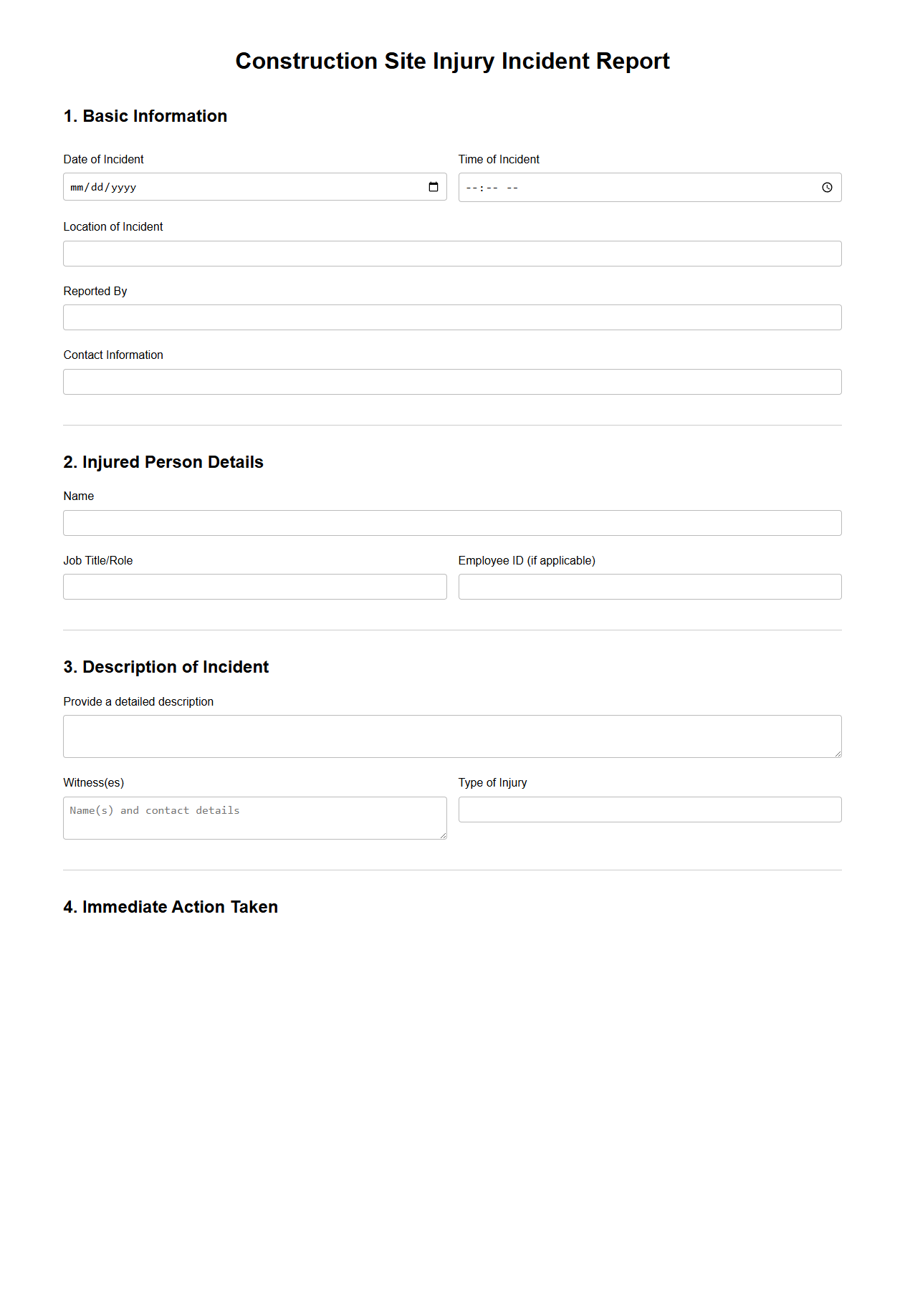 Construction Site Injury Incident Report Sample
