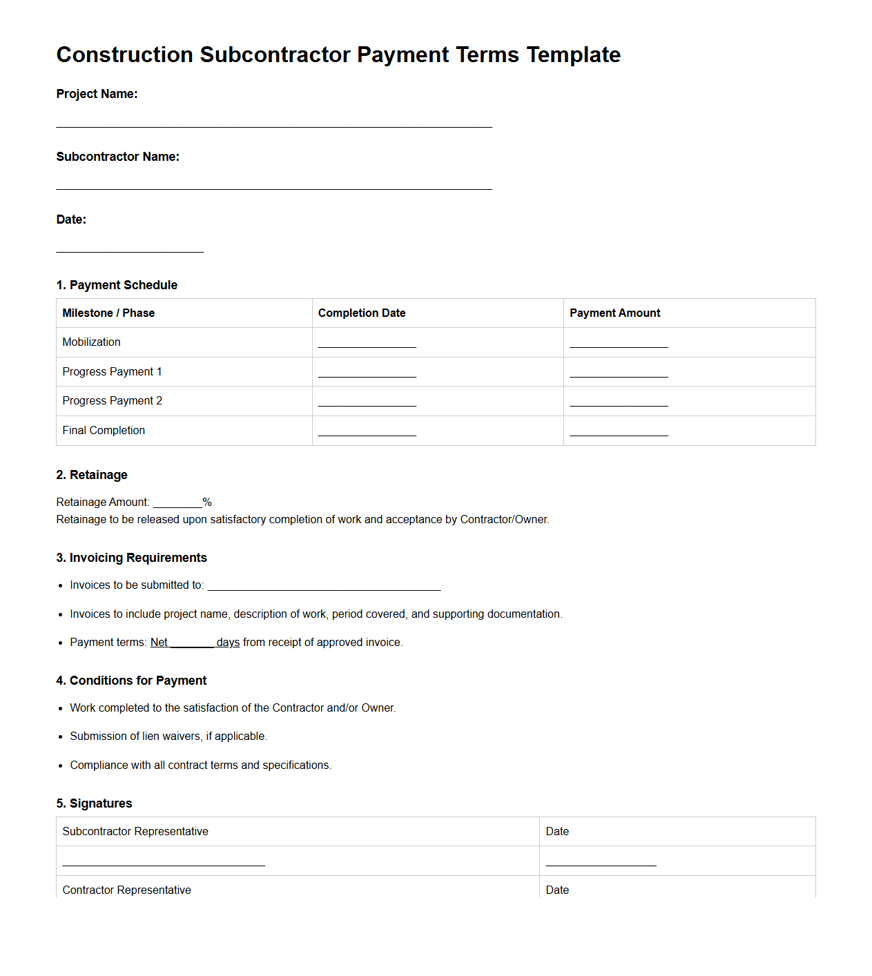 Construction Subcontractor Payment Terms Template