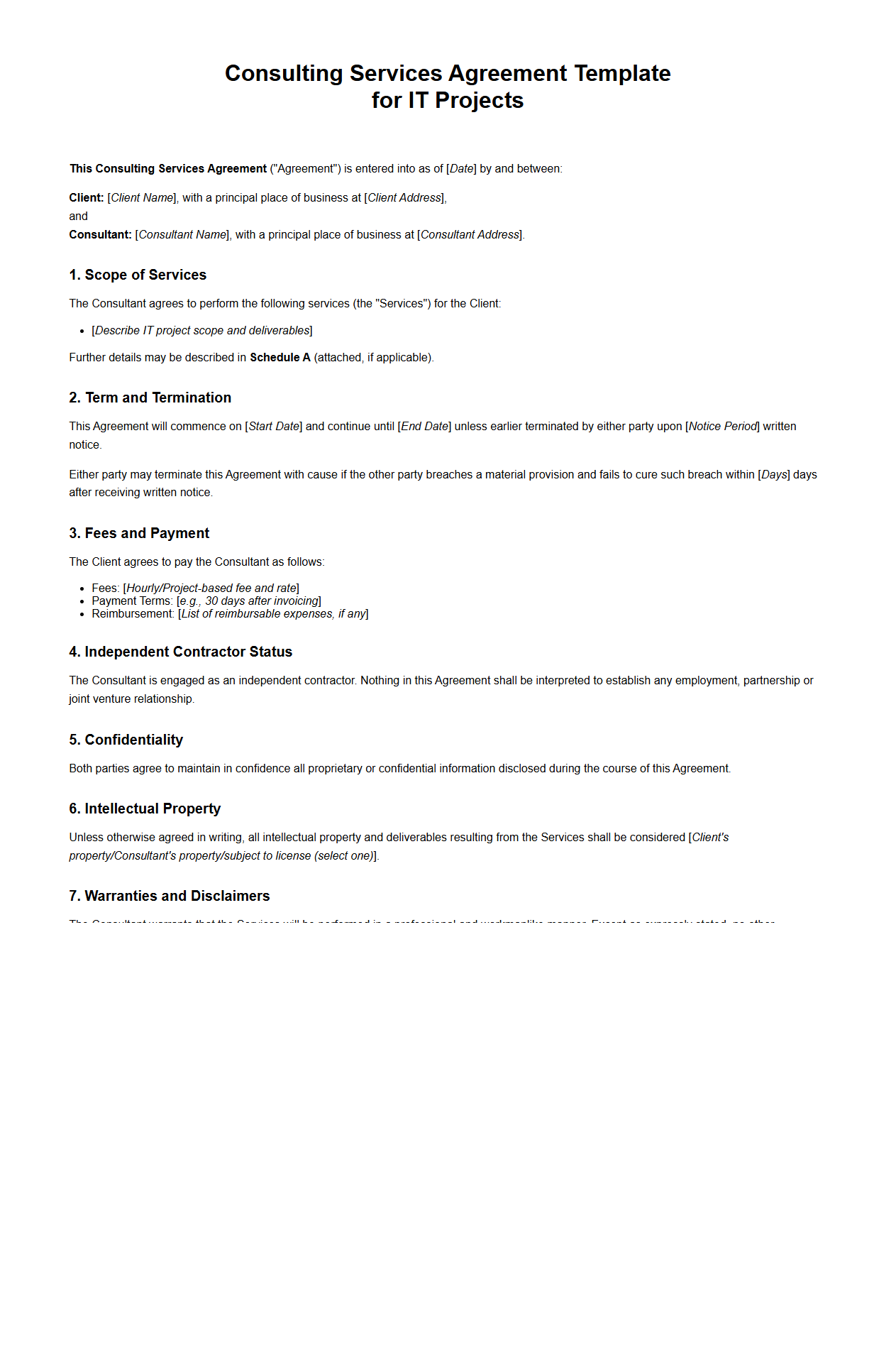Consulting Services Agreement Template for IT Projects
