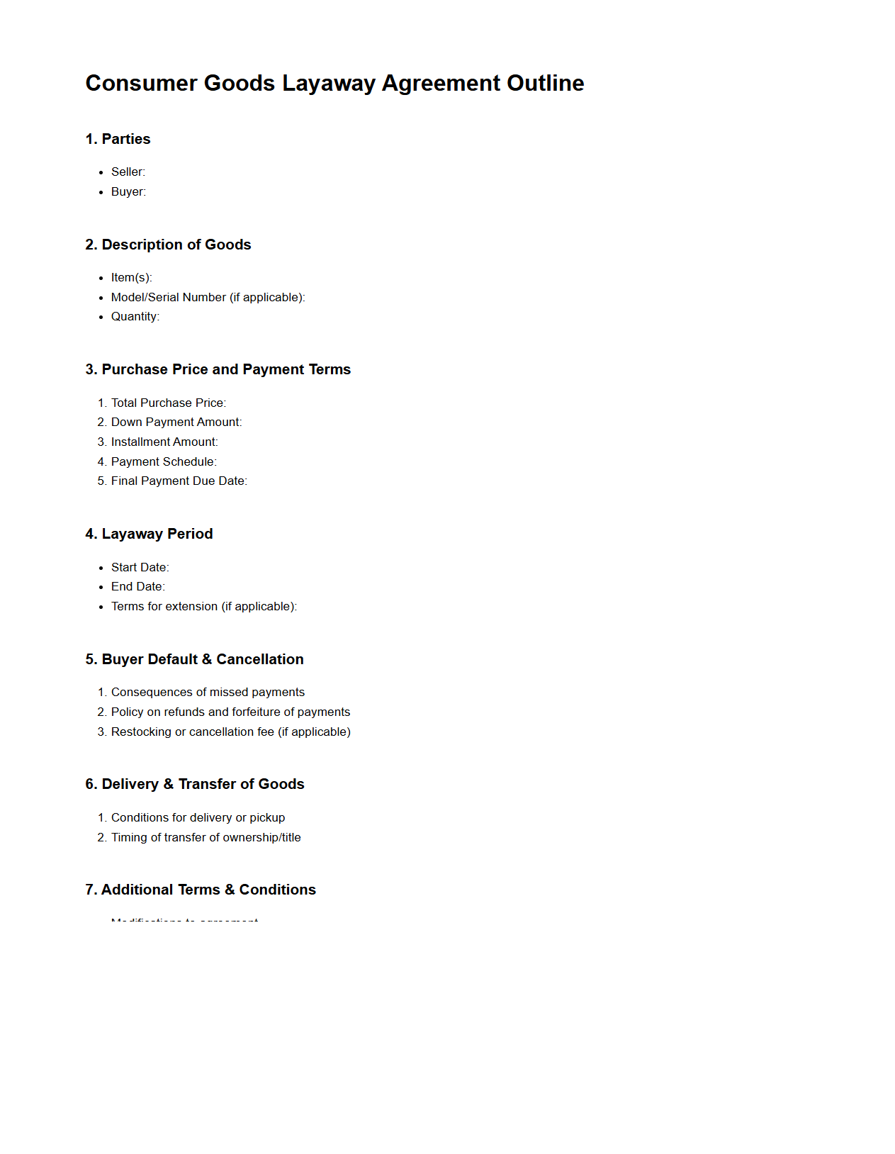 Consumer Goods Layaway Agreement Outline
