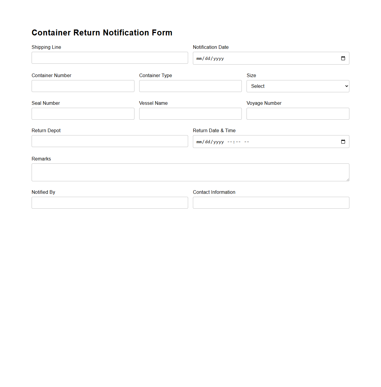 Container Return Notification Form for Shipping Lines