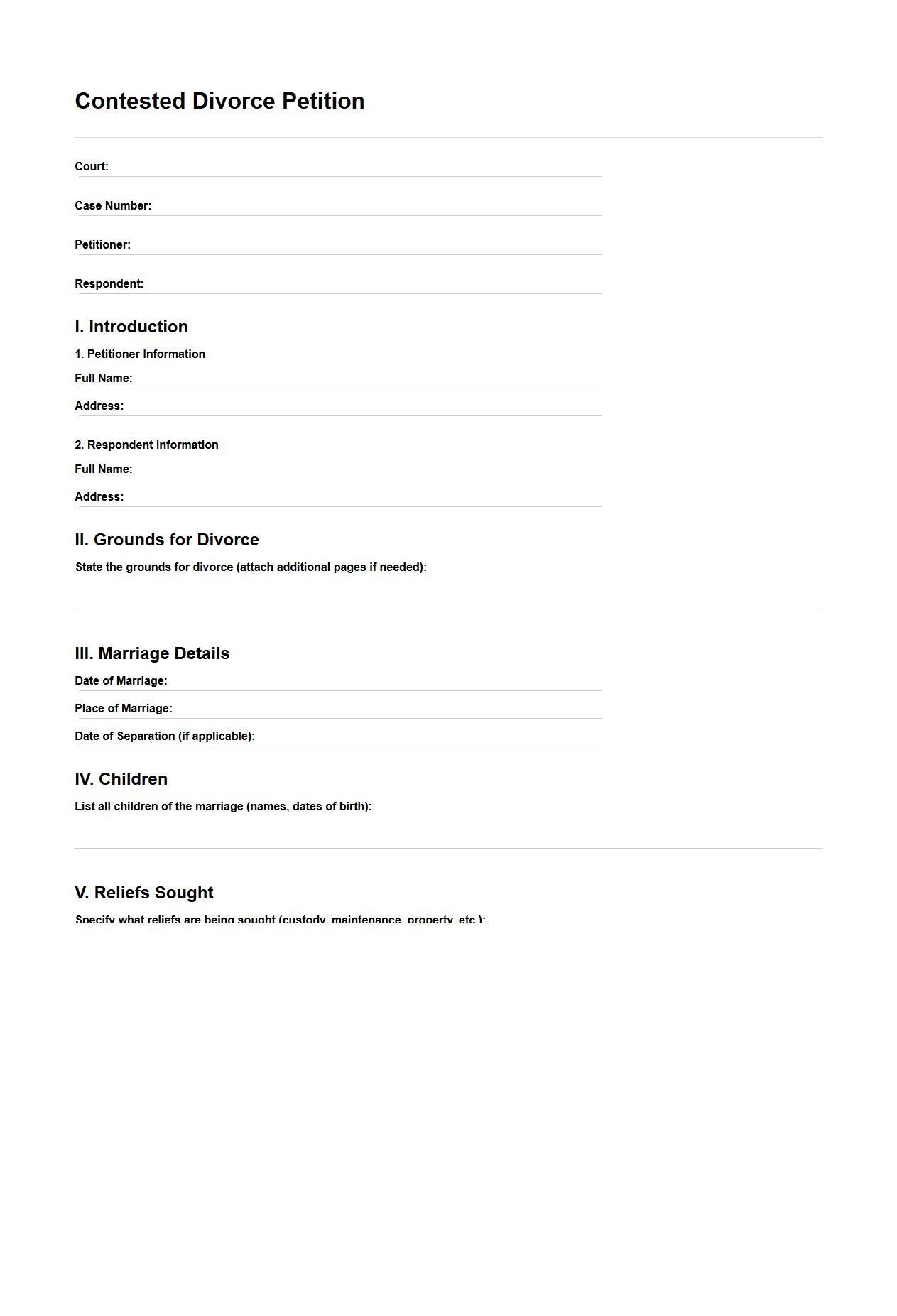 Contested Divorce Petition Template