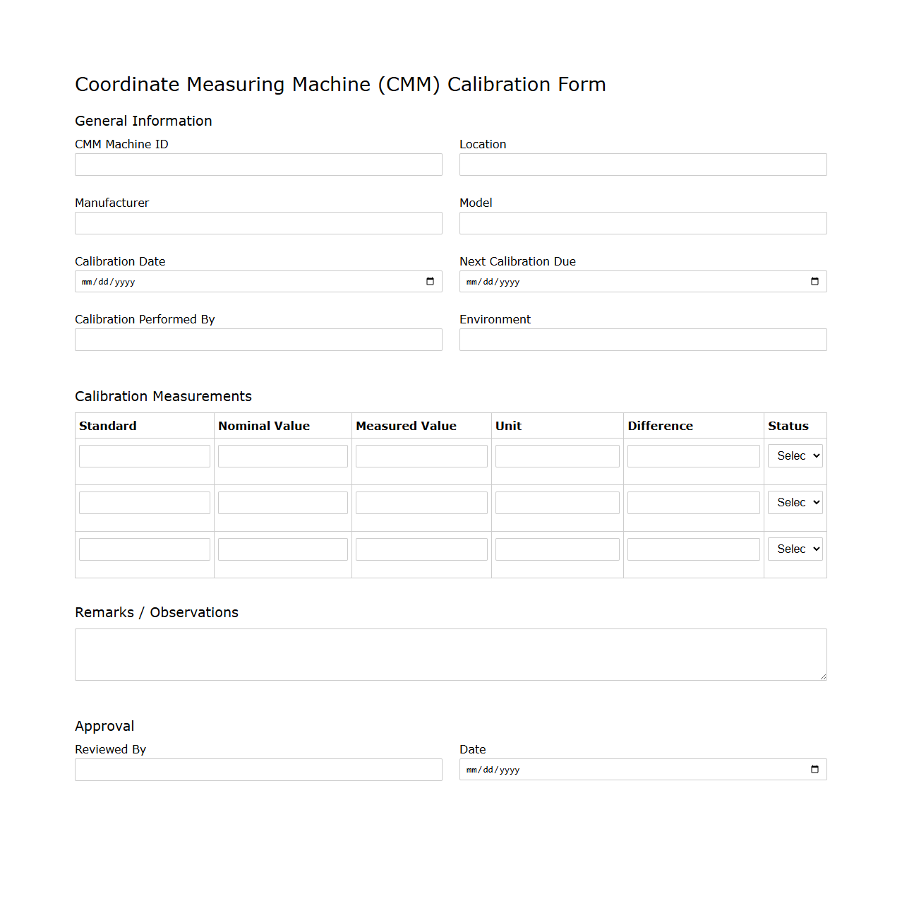 Coordinate Measuring Machine (CMM) Calibration Form