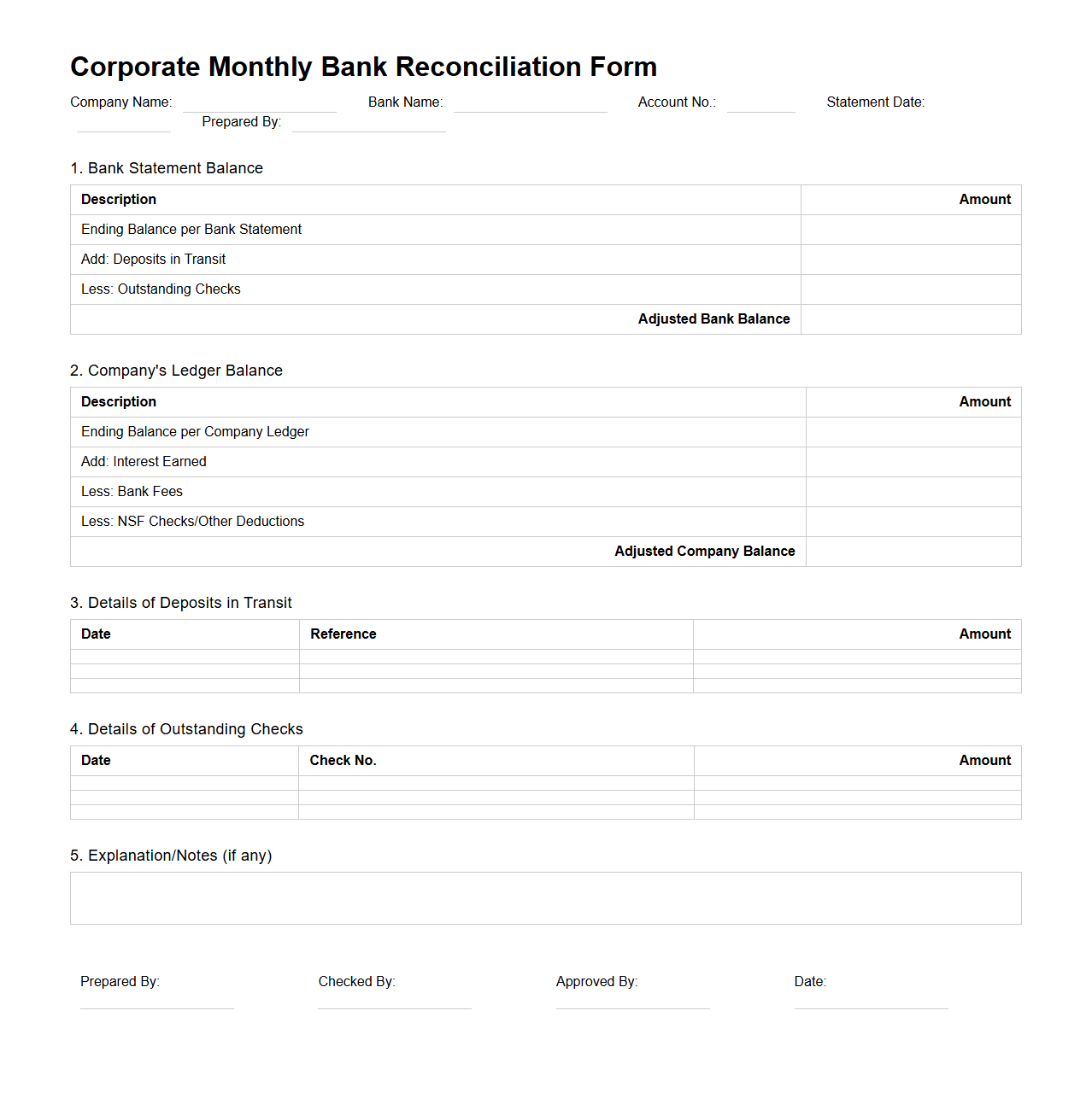 Corporate Monthly Bank Reconciliation Form