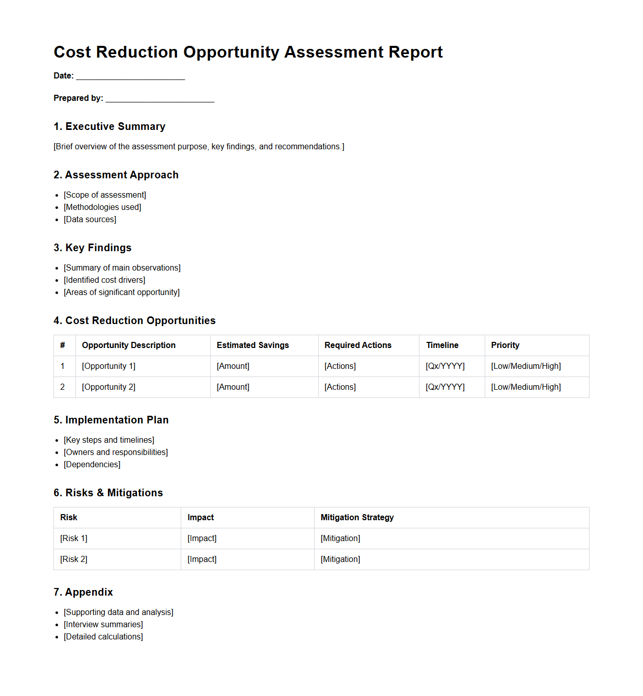 Cost Reduction Opportunity Assessment Report Layout