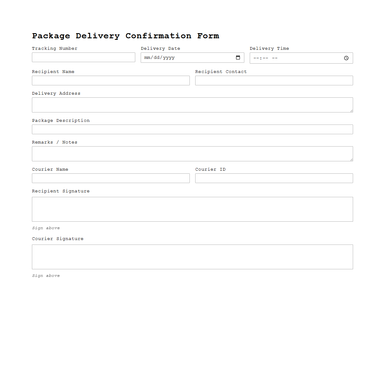 Courier Service Package Delivery Confirmation Form