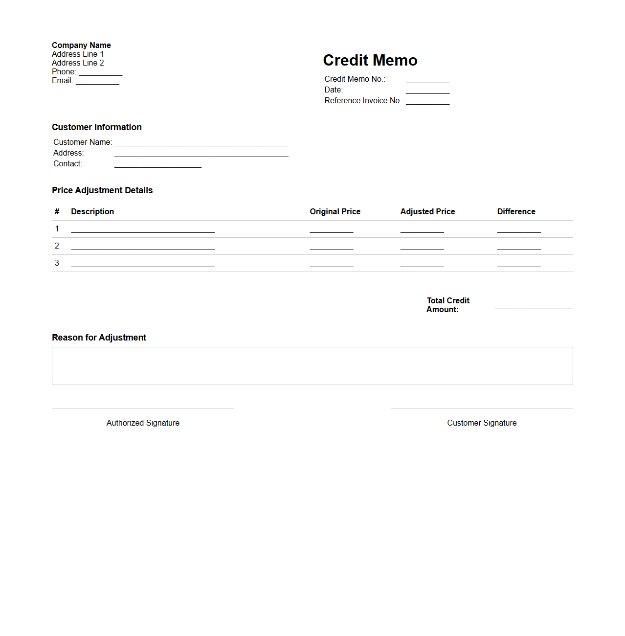 Credit Memo Format for Price Adjustment