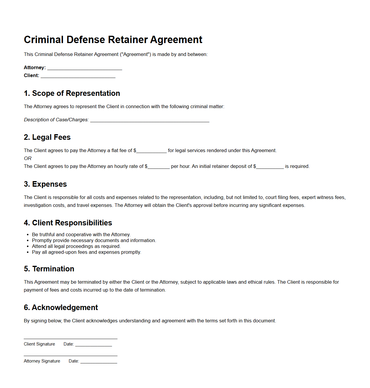 Criminal Defense Retainer Agreement Example