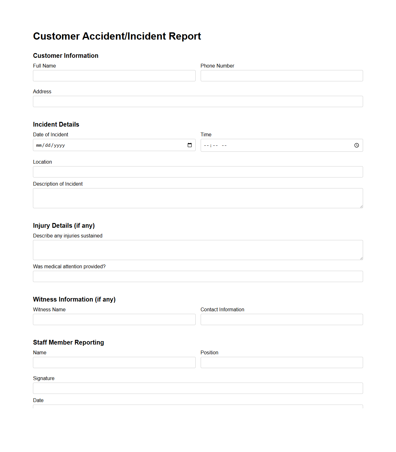 Customer Accident Incident Report Sample