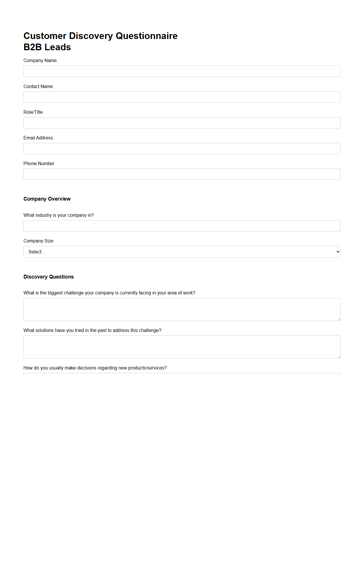 Customer Discovery Questionnaire for B2B Leads