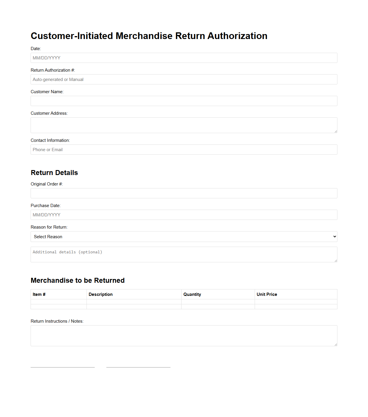 Customer-Initiated Merchandise Return Authorization Sample