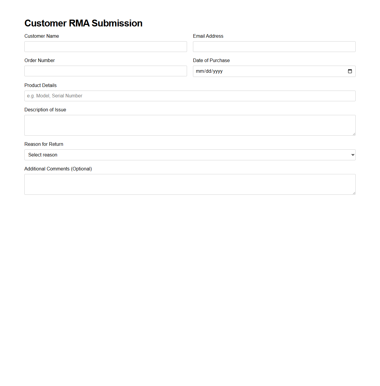 Customer RMA Submission Sample