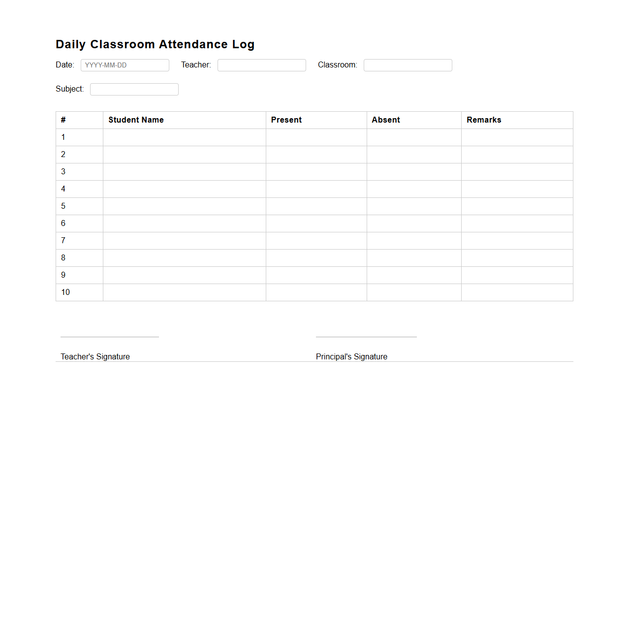 Daily Classroom Attendance Log Template