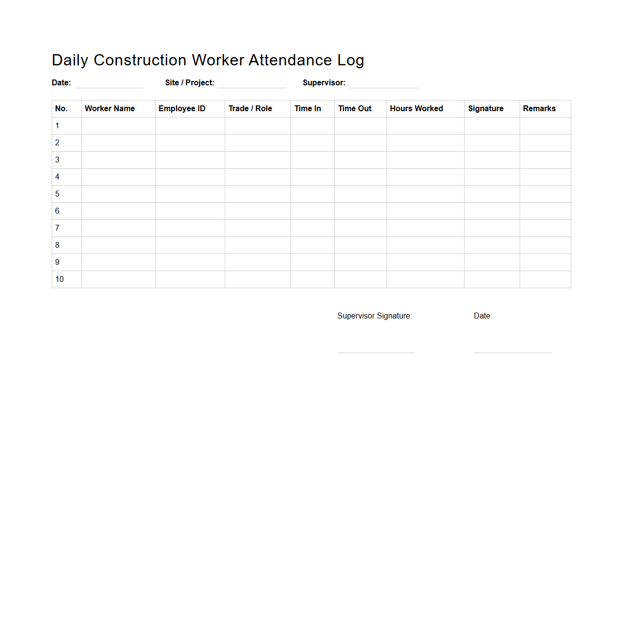 Daily Construction Worker Attendance Log