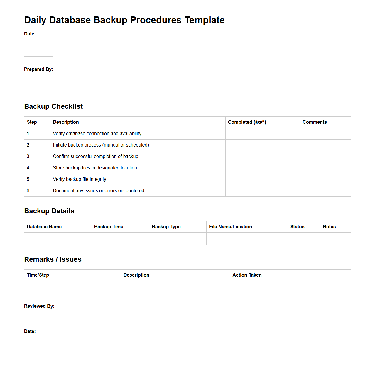 Daily Database Backup Procedures Template
