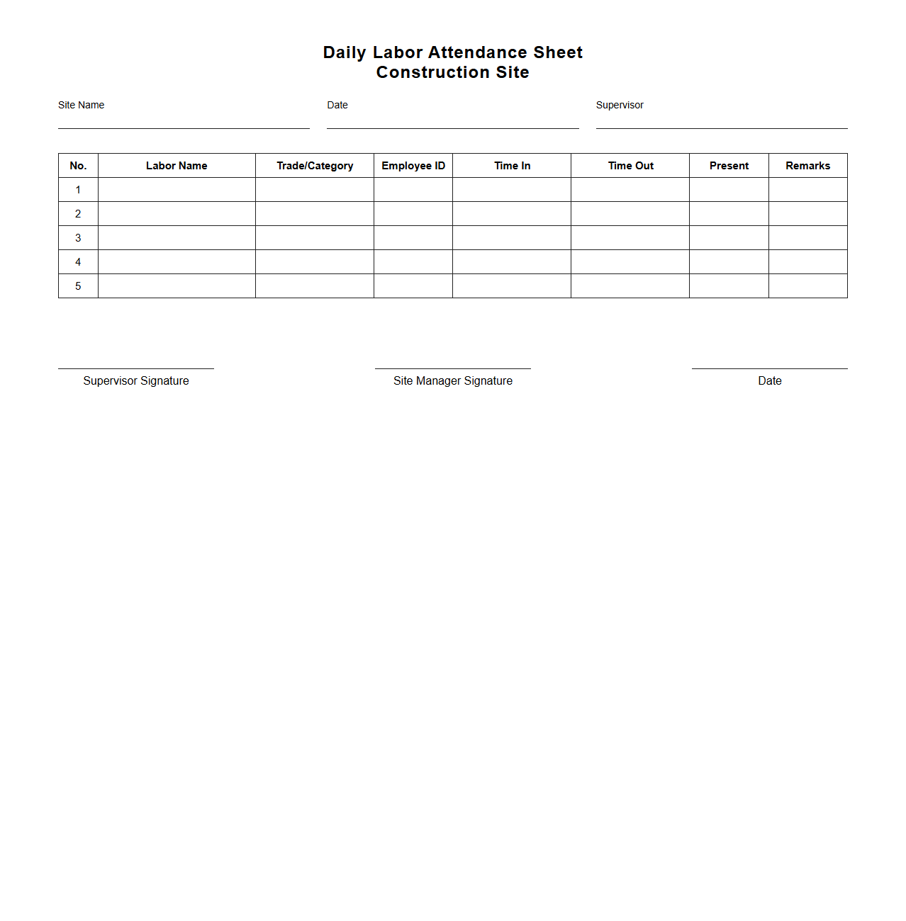Daily Labor Attendance Sheet for Construction Site