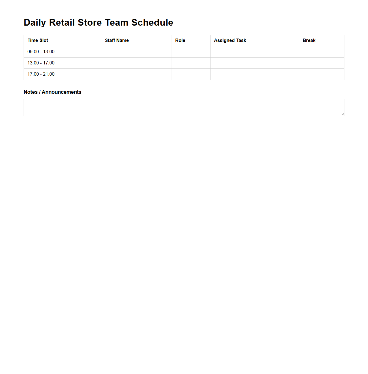 Daily Retail Store Team Schedule