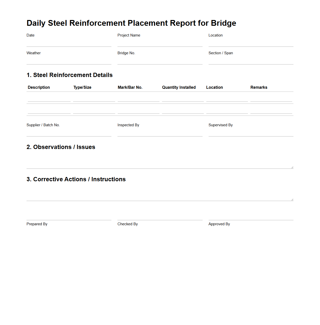 Daily Steel Reinforcement Placement Report for Bridge