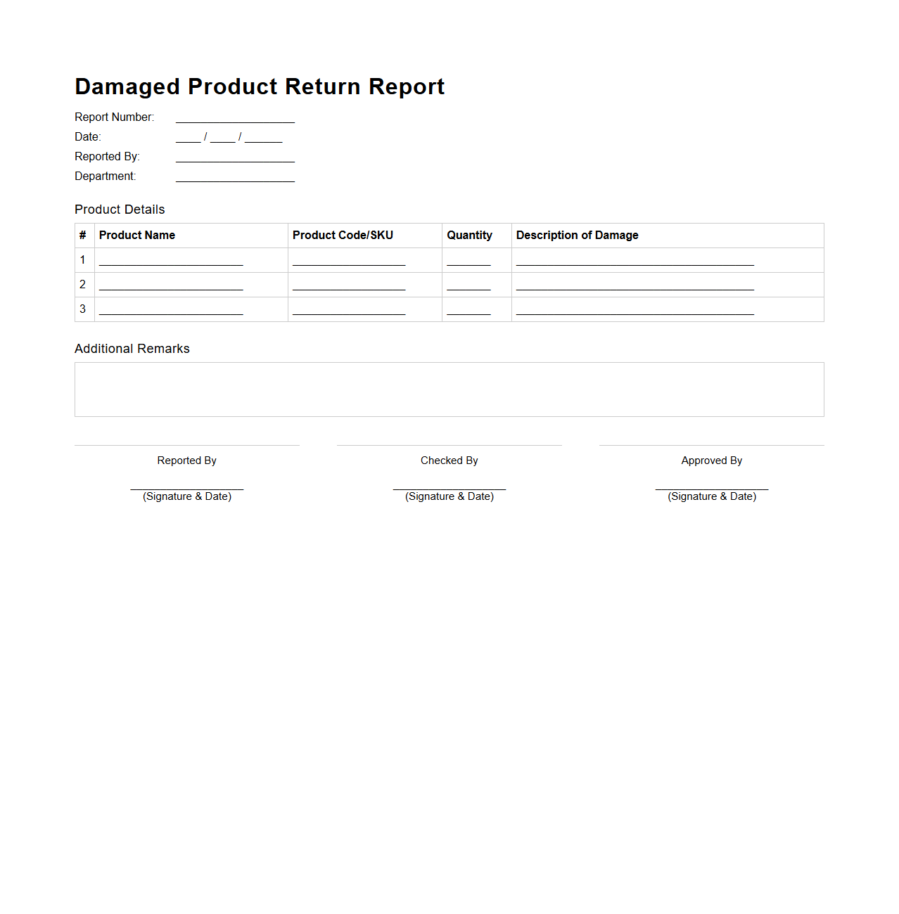 Damaged Product Return Report Sample