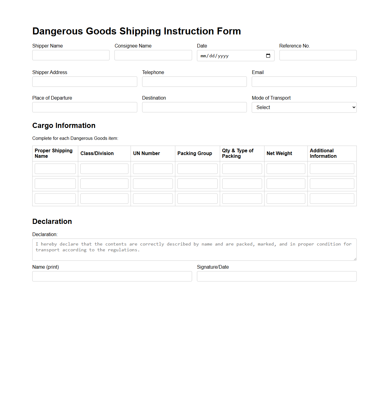 Dangerous Goods Shipping Instruction Form