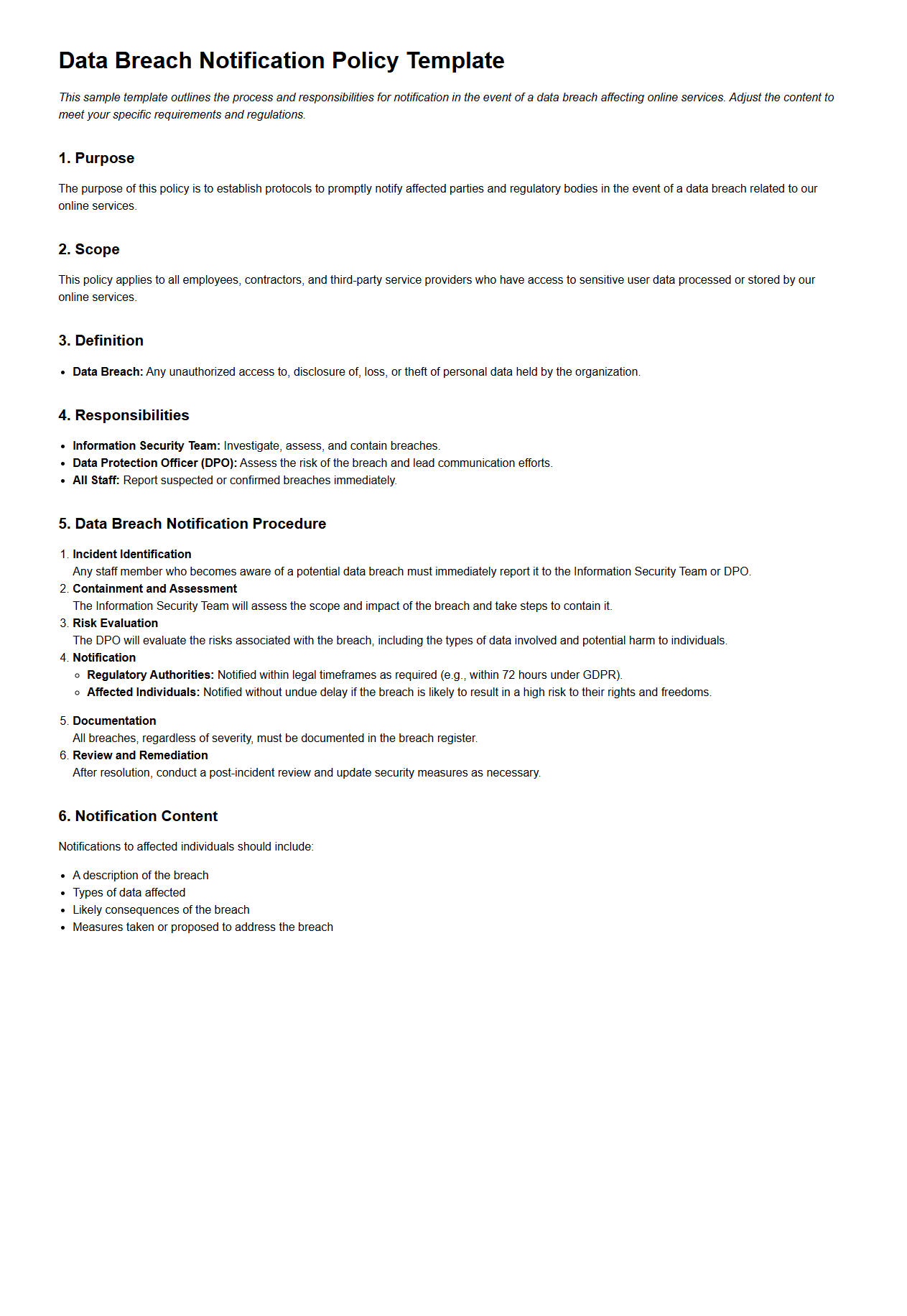 Data Breach Notification Policy Template for Online Services