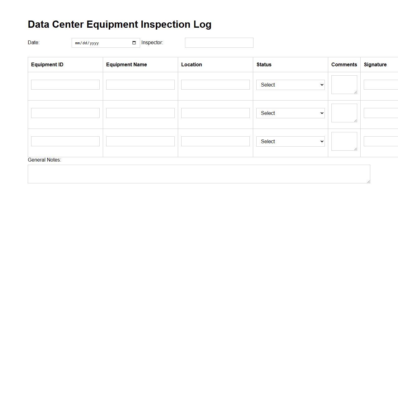Data Center Equipment Inspection Log