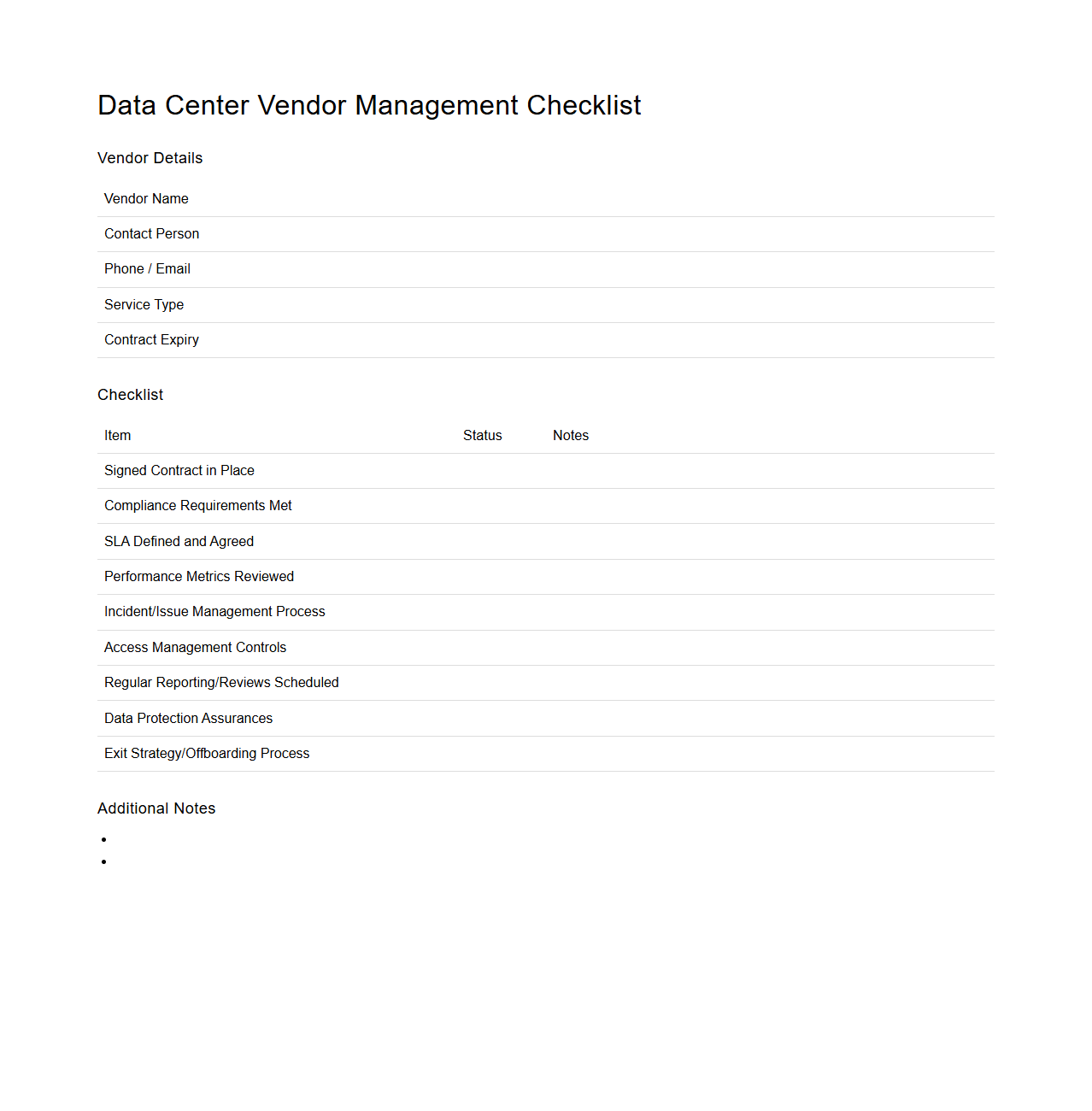 Data Center Vendor Management Checklist