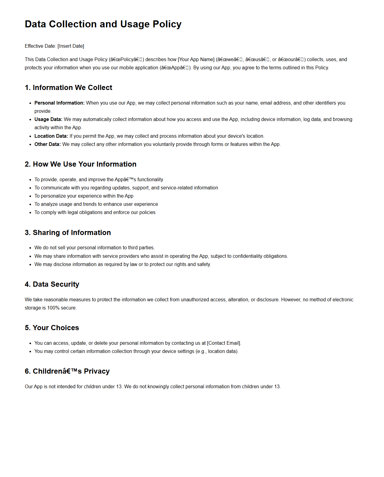 Data Collection and Usage Policy Sample for Mobile Apps