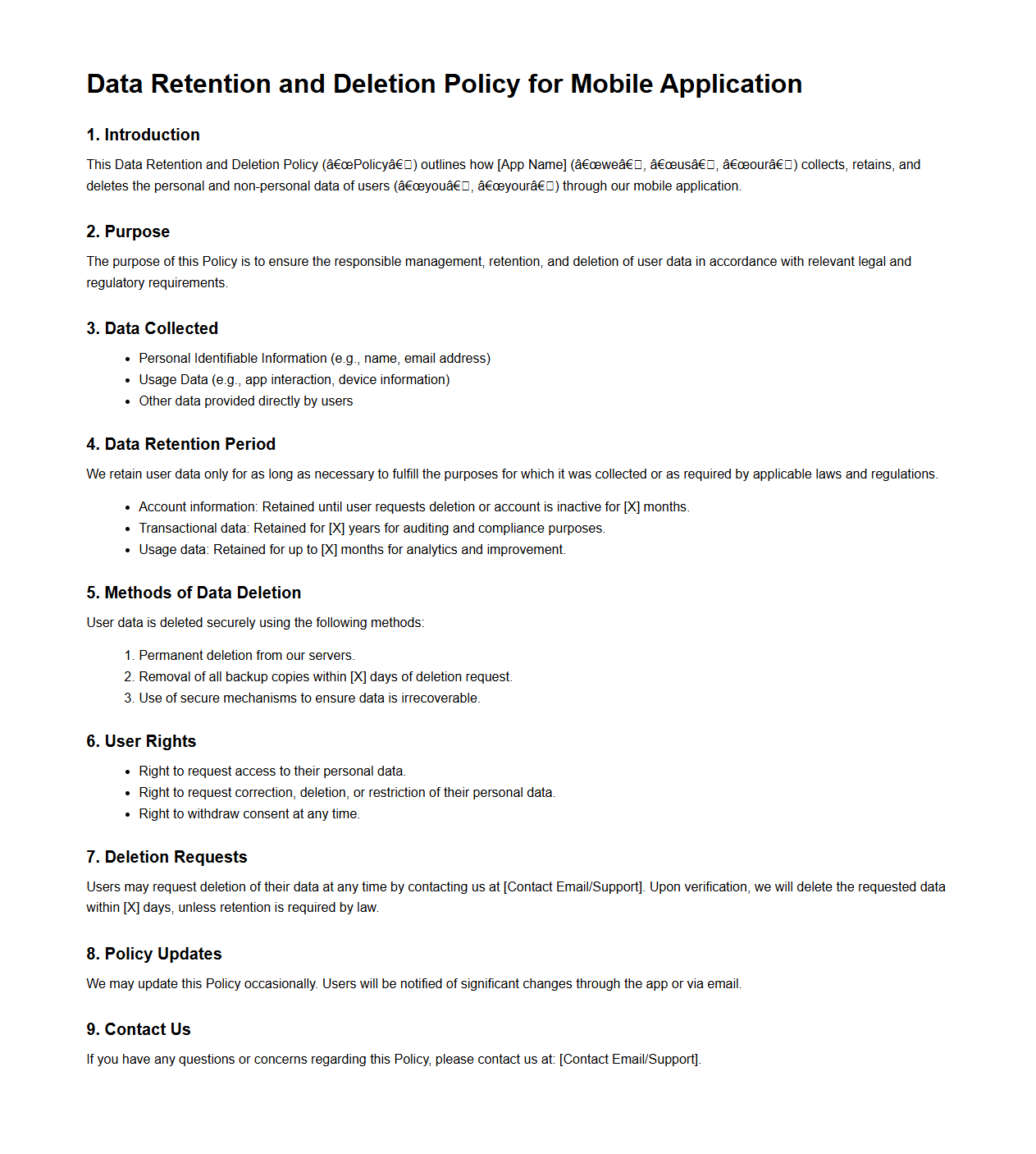 Data Retention and Deletion Policy Template for Mobile Applications