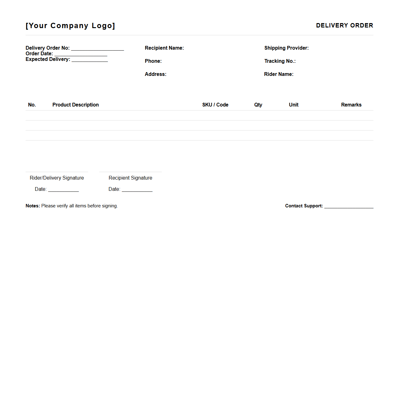 Delivery Order Template for E-commerce Last Mile