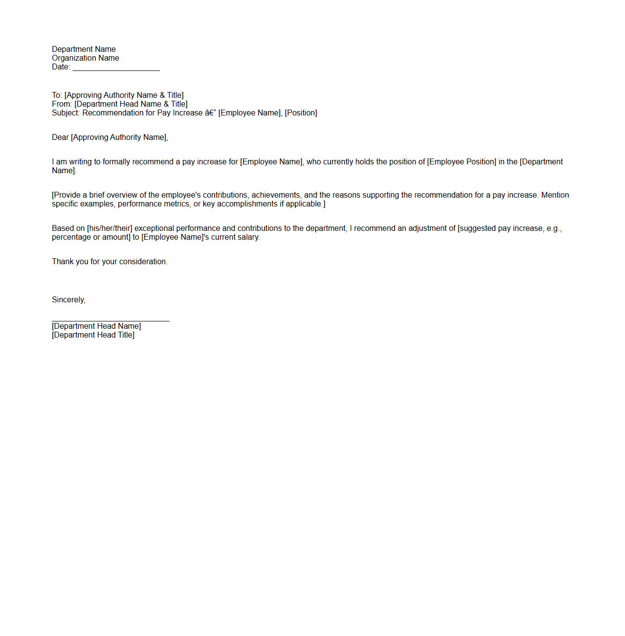 Departmental Recommendation Letter for Pay Increase