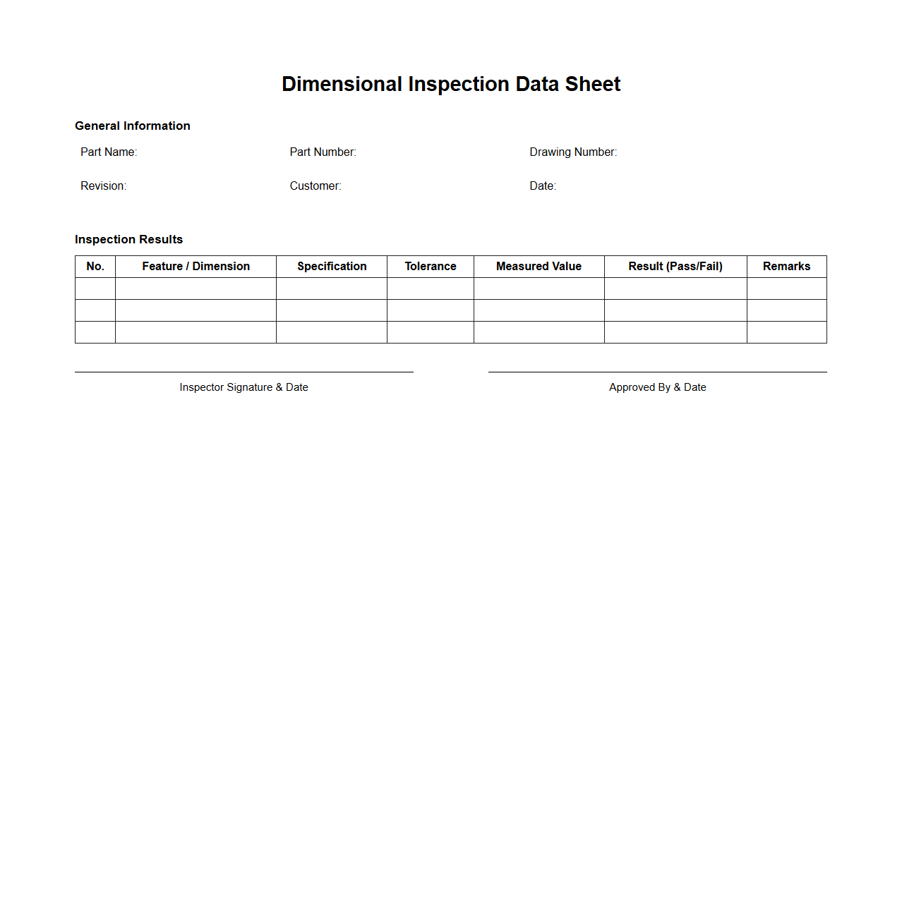 Dimensional Inspection Data Sheet