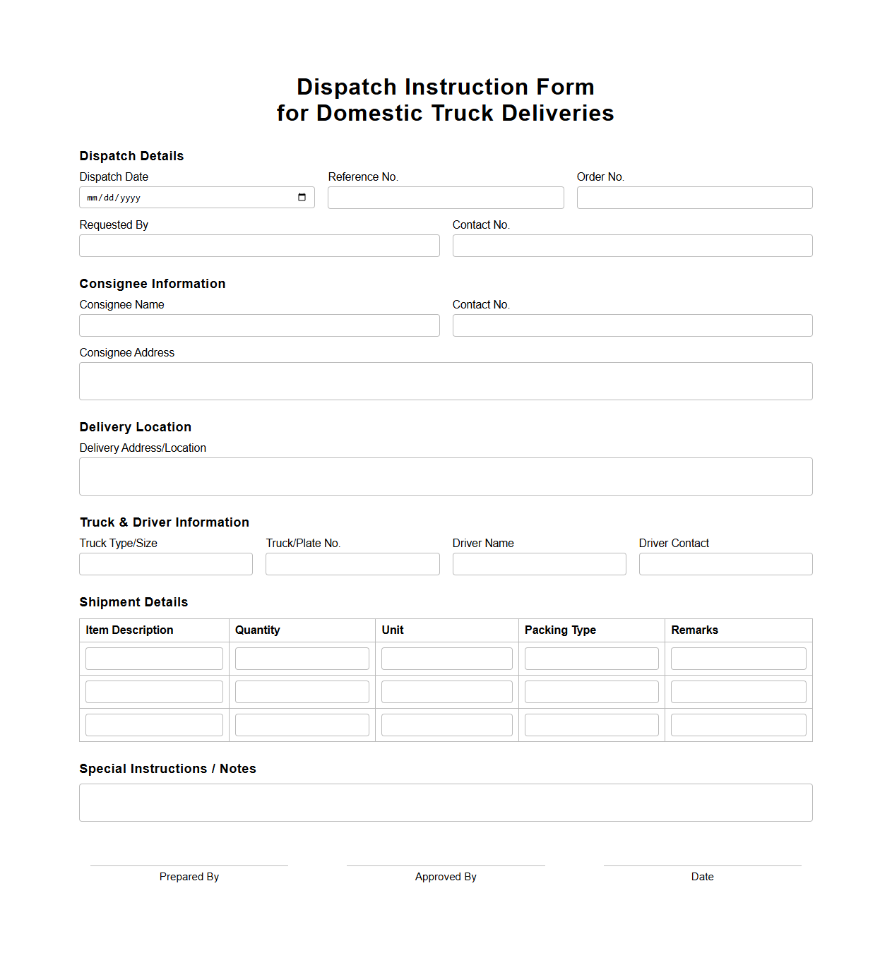 Dispatch Instruction Form for Domestic Truck Deliveries