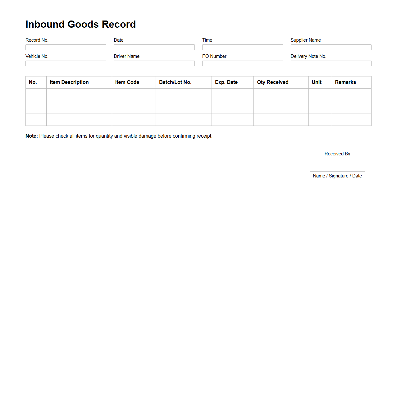 Distribution Center Inbound Goods Record